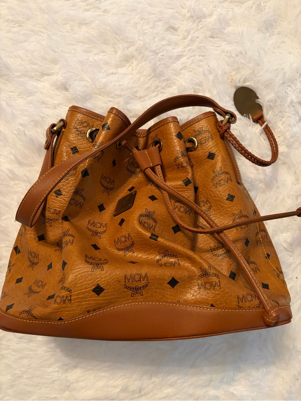 MCM Cognac Visetos Drawstring Bucket Shoulder Bag with Logo Print